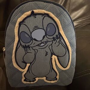 Loungefly Denim Stitch Faux-Fur Trim Mini Backpack in Blue and Cream